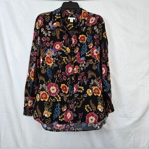 Westbound Women's Black Vibrant Floral Print Long Sleeve Preppy Button‎ Shirt XL